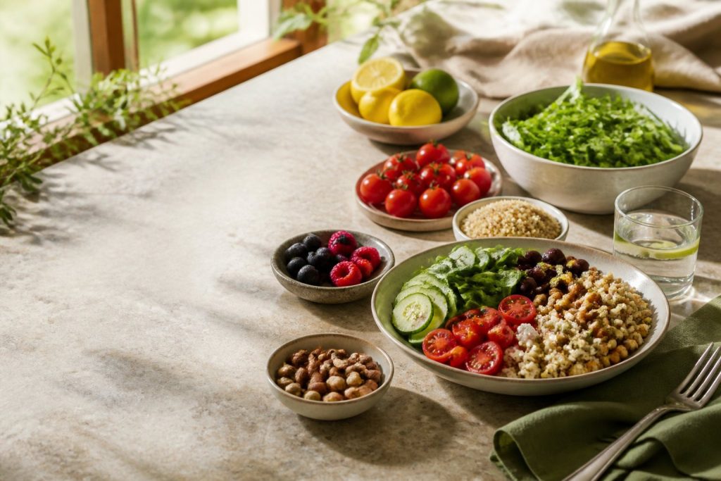 A balanced table with vegetables, whole grains, legumes, fruit, and water